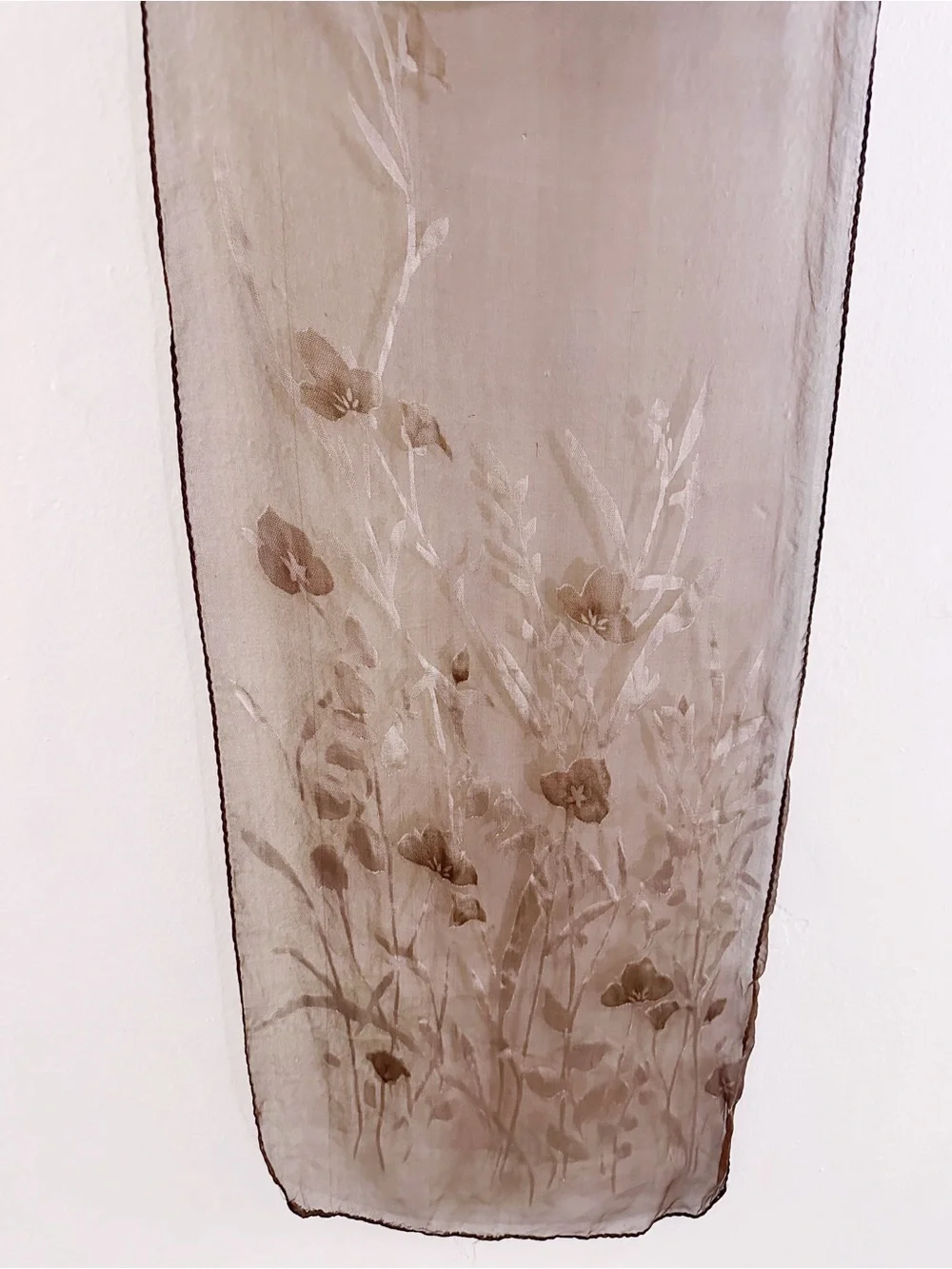 Vintage Silk Flocked Velvet Brown Floral Scarf Shawl